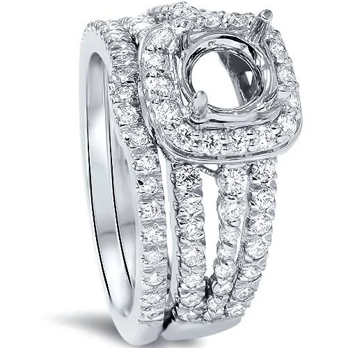 women engagement rings -1ct Cushion Halo Diamond Engagement Mount Set 14K White Gold