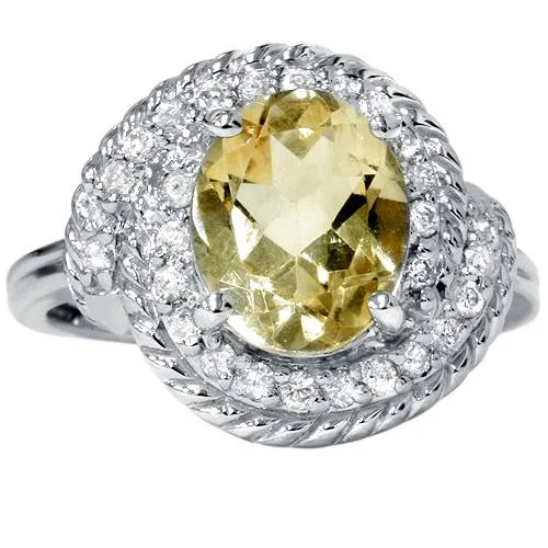 women unique diamond engagement rings -2 7/8ct Oval Citrine Vintage Oval Diamond Womens Braided Ring 14K White Gold