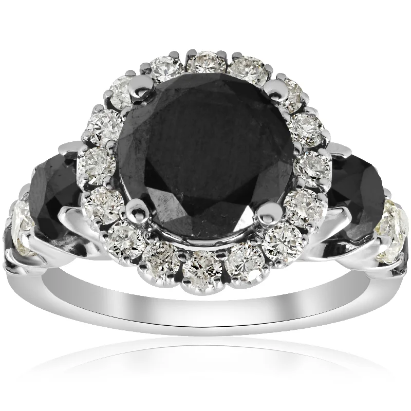 women elegant engagement rings -5ct Black & White Diamond Halo Engagement Ring 14k WHite Gold