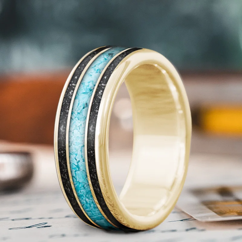 women unique wedding bands -Custom Design - 3-Inlay Wide Center VUlB7V9MWeMCqRajrqFJHn0G