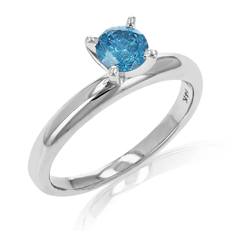 women classic wedding engagement rings -1/2 cttw Blue Diamond Solitaire Enagement Ring 14K White Gold Round Prong Set