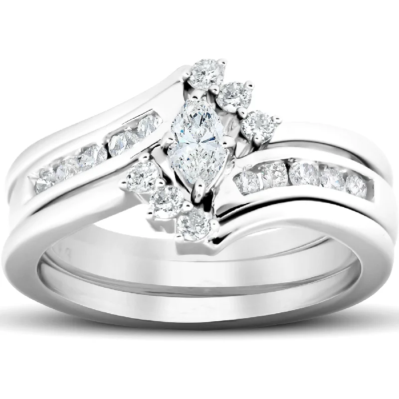 women eco-friendly engagement rings -1/2 Ct Marquise Diamond Engagement Trio Wedding Ring Set 10k White Gold