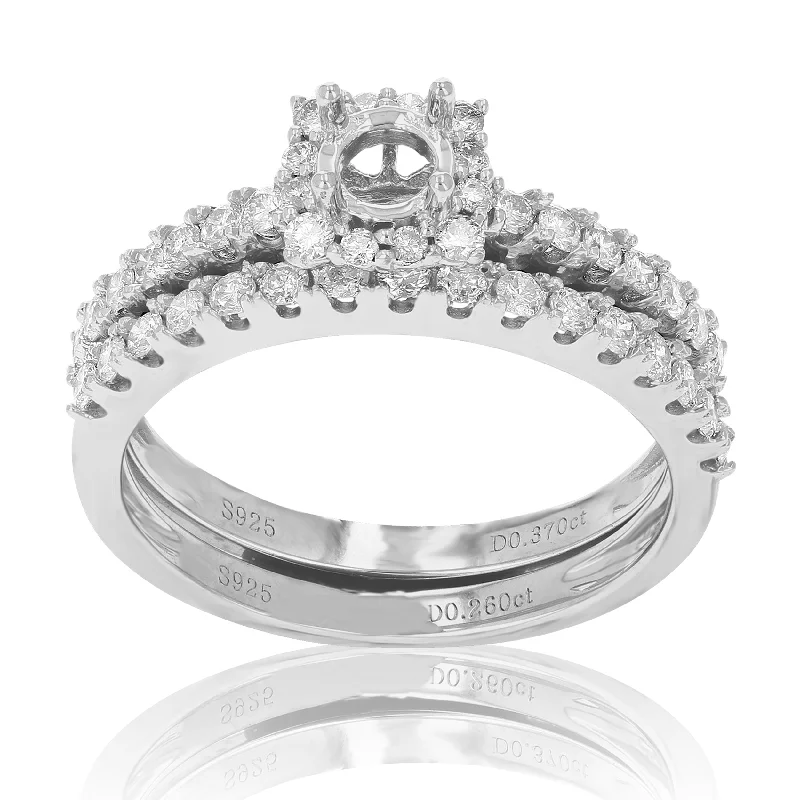 women adjustable engagement rings -2/3 cttw Diamond Semi Mount Bridal Set .925 Sterling Silver Wedding