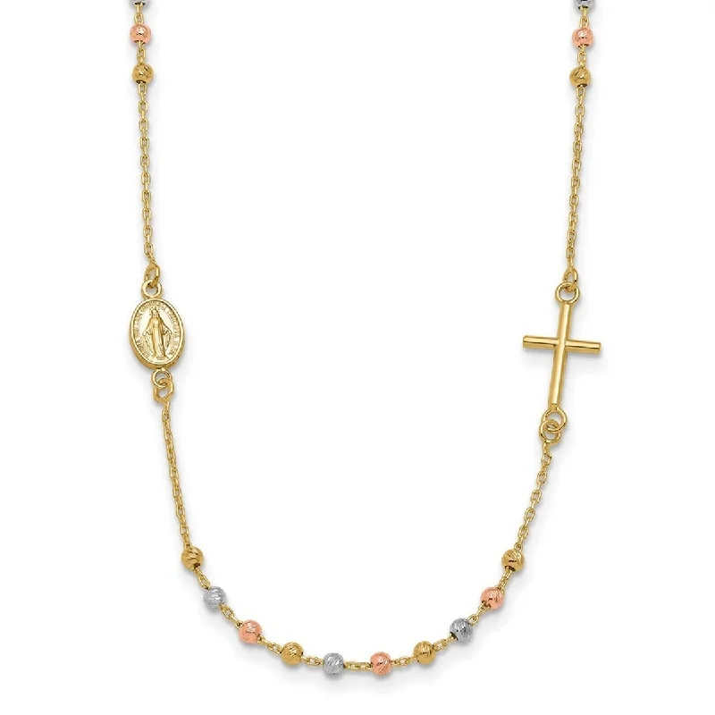 women eternity necklaces -Curata 14k Tri-color Gold Sideways Cross Beaded Rosary Style Necklace, 18"