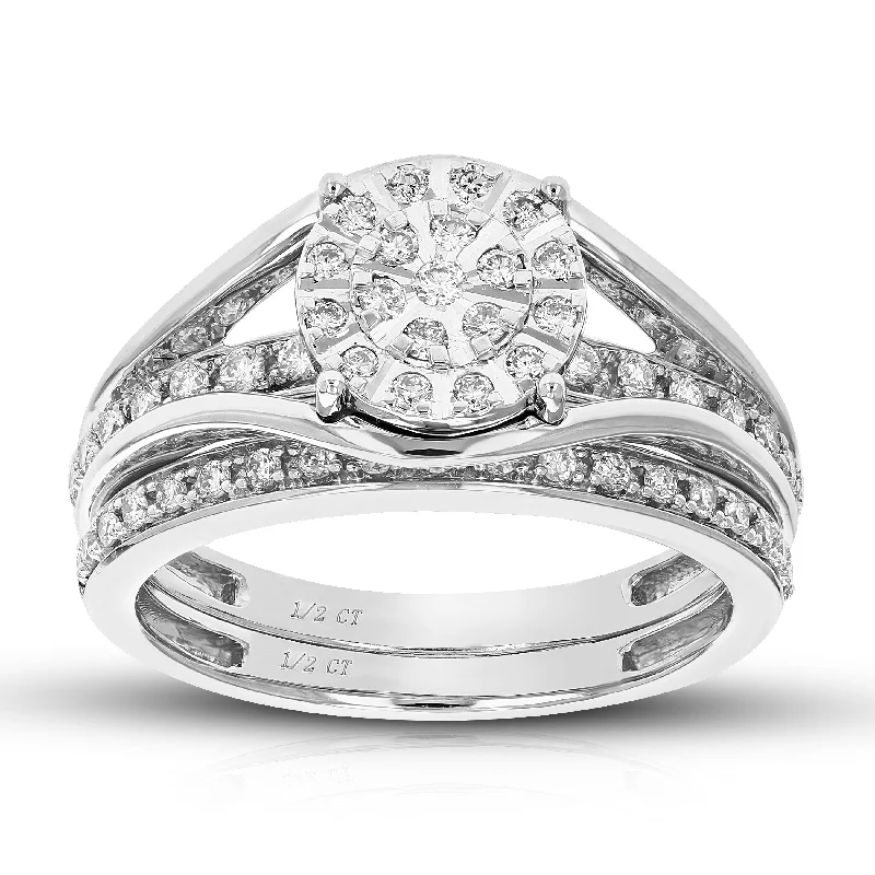 women unique engagement rings -1/2 cttw Round Cut Lab Grown Diamond Wedding Engagement Ring Bridal Set .925 Sterling Silver Prong Set