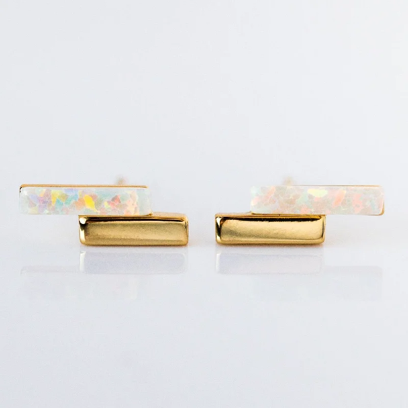 women sparkling gold earrings -Mod Bar Gem Stud Earrings with Opal