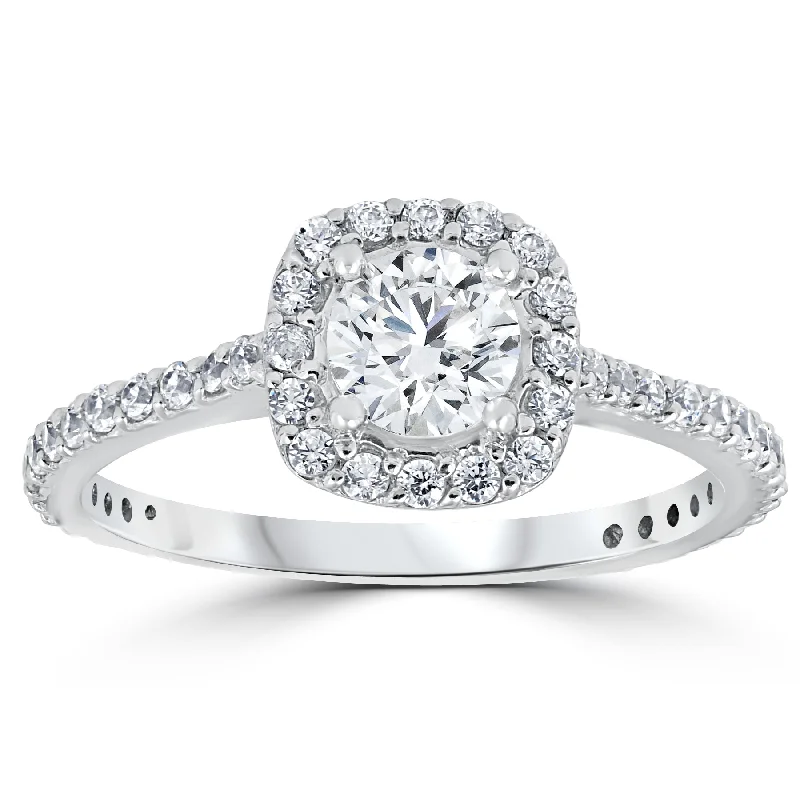 women personalized engagement rings -Platinum 1 1/5ct TDW Cushion Halo Round Diamond Engagement Ring