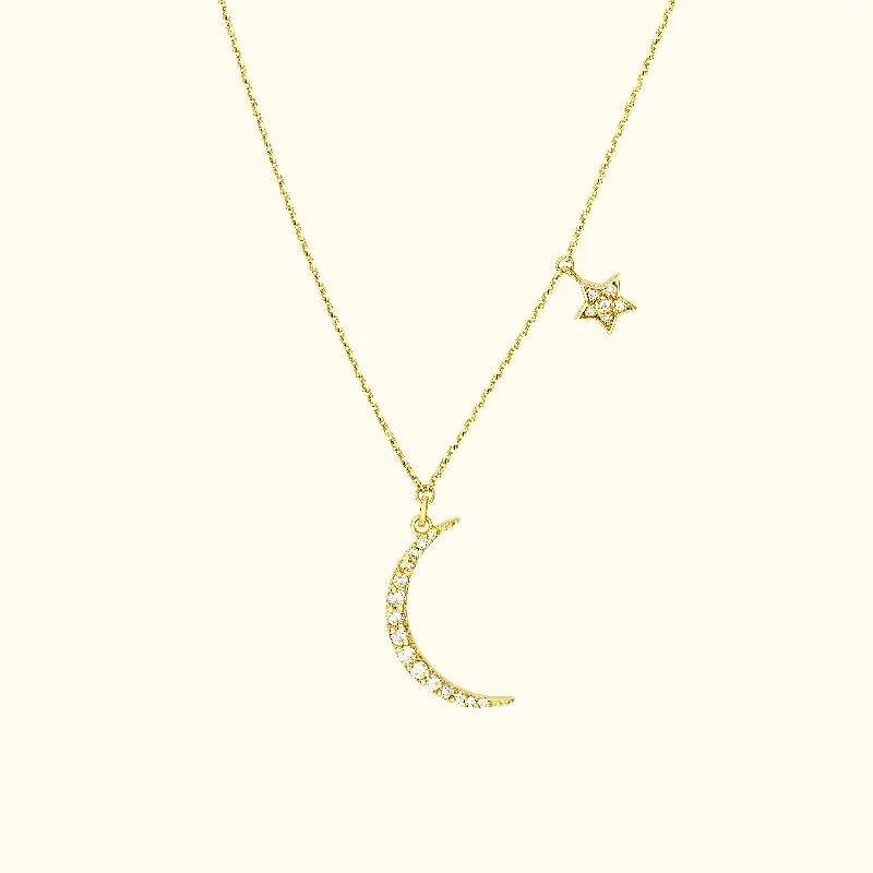 women minimalist gold necklaces -Diamond Moon + Star Dangle Necklace