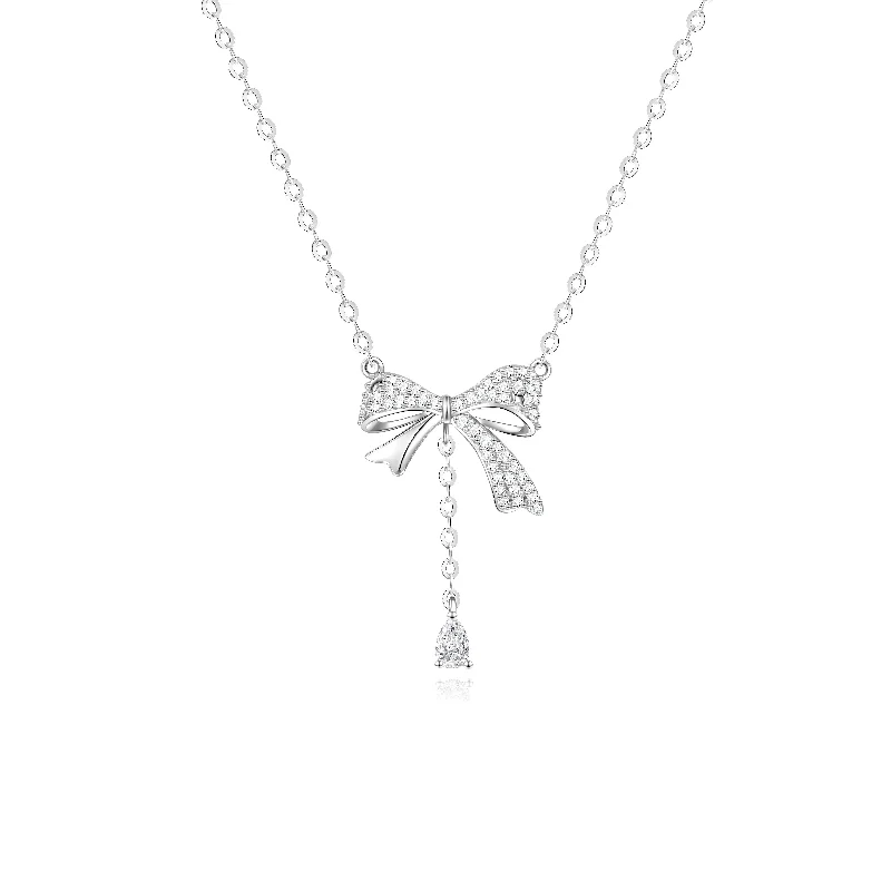 women opal necklaces -FANCIME“ Graceful Bow" Dangling Butterfly Bow Sterling Silver Necklace