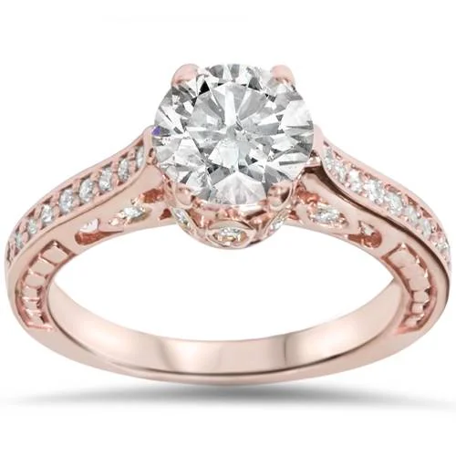 women custom-made engagement rings -1 1/4ct Vintage Rose Gold Diamond (1ct center) Enhanced Deco Engagement Ring 14K