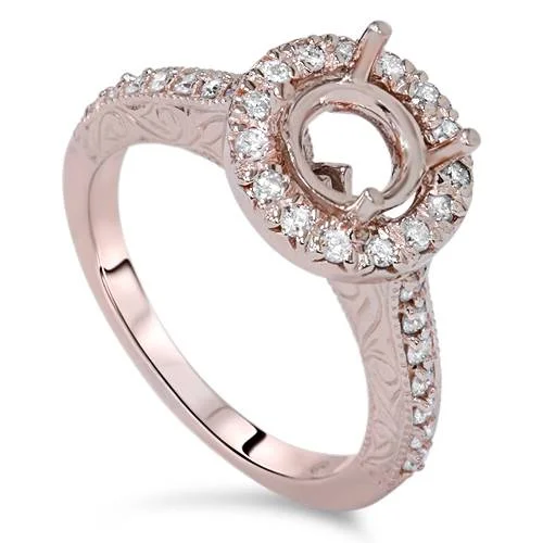 women antique engagement rings -1/3ct Vintage Halo Diamond Ring Setting 14K Rose Gold