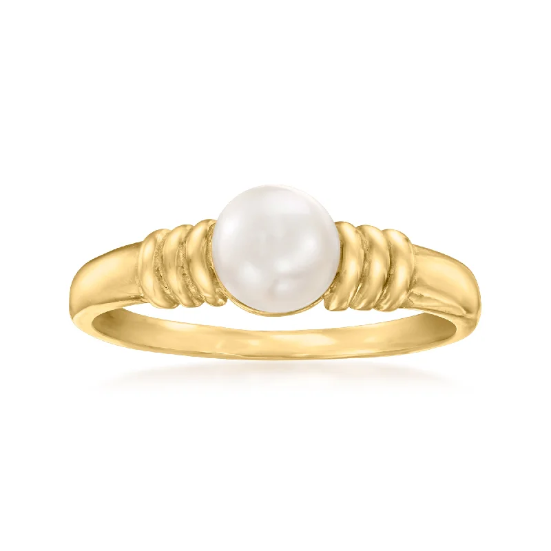 women custom-designed engagement rings -Canaria 6-7mm Cultured Button Pearl Ribbed Ring in 10kt Yellow Gold