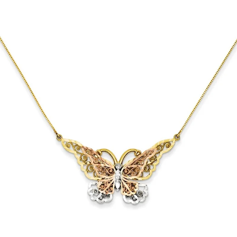 women vintage necklaces -Curata 14k Tri-color Gold Diamond Cut Rhodium 22mm x 26mm Butterfly Necklace, 17"