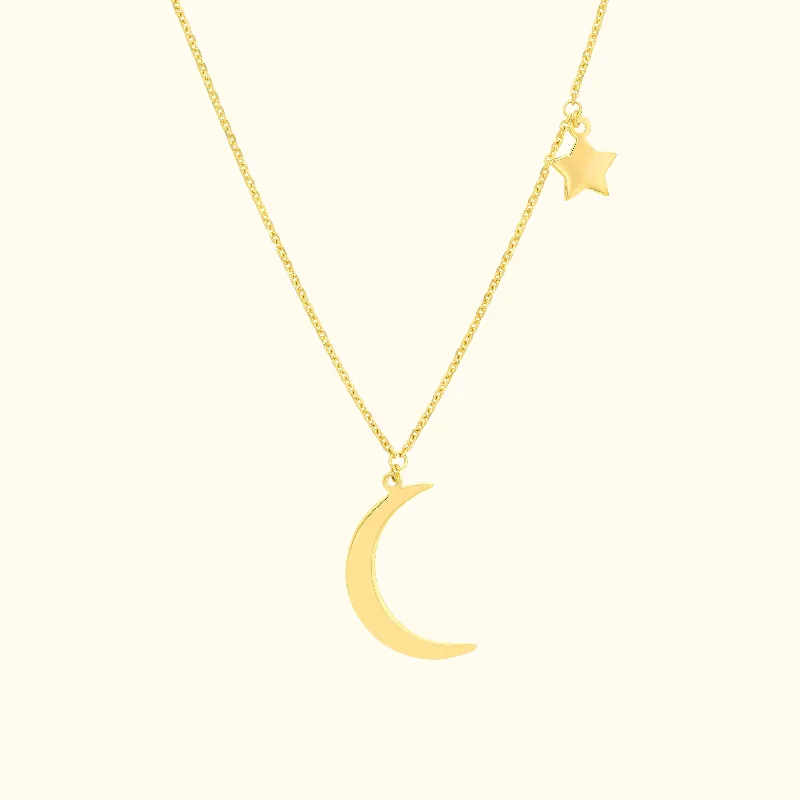 women geometric pendant necklaces -Crescent Moon + Star Dangle Necklace