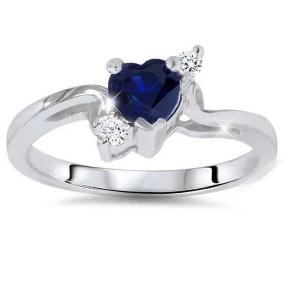 women pave engagement rings -1/3ct Blue Heart Sapphire Diamond Ring 14K White Gold