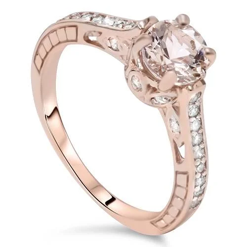 women pave engagement rings -1ct Morganite & Diamond Vintage Engagement Ring 14K Rose Gold