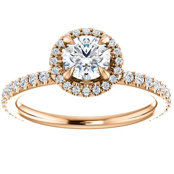 women halo engagement rings -1ct Diamond Halo Vintage Solitaire Round Brilliant Cut Band 14k Rose Gold