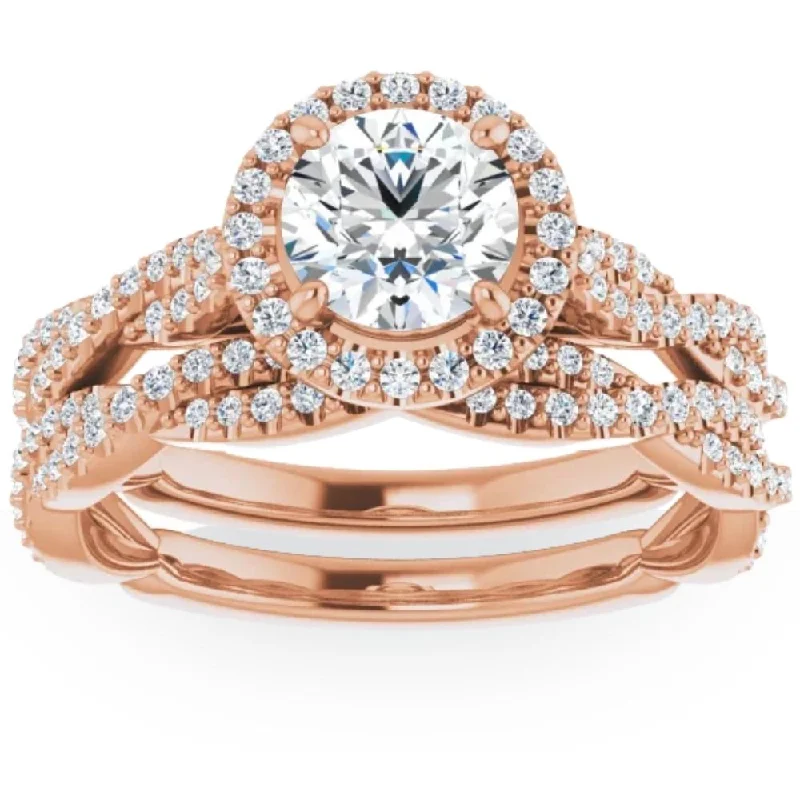 women custom-made engagement rings -1 1/2ct Diamond Halo Vine Engagement Wedding Ring Set 14k Rose Gold