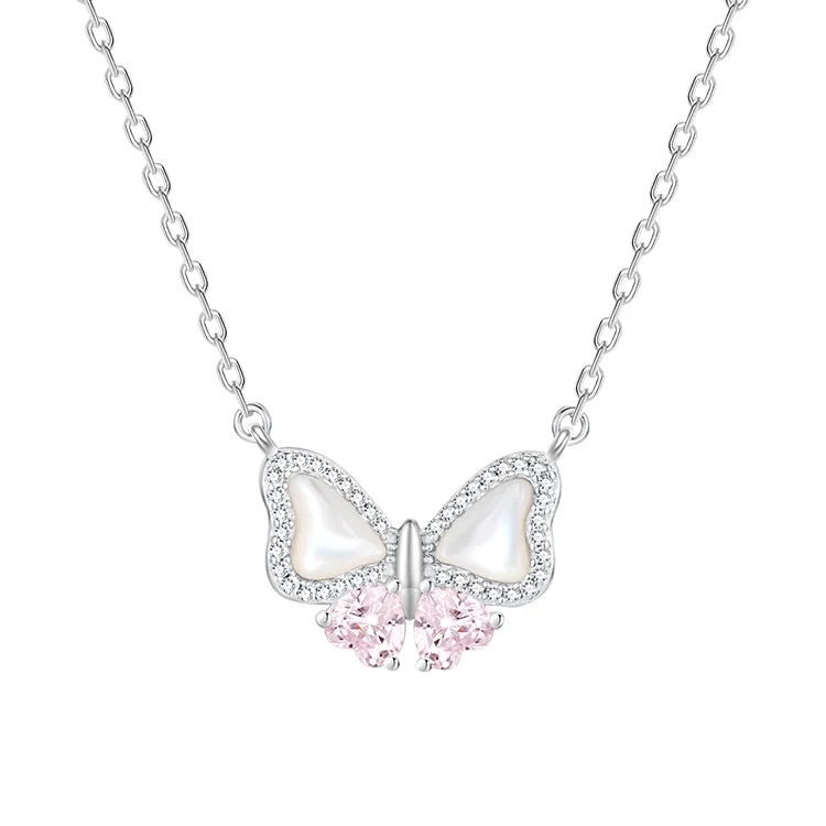 women heart-shaped necklaces -FANCIME “Pearl Kiss“ Butterfly Bow Sterling Silver Necklace