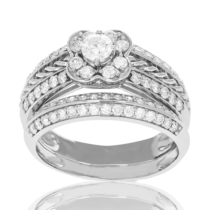 women stacked engagement rings -1 cttw Diamond Two Row Flower Wedding Engagement Ring Set 14K White Gold Bridal