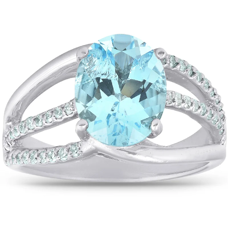 women gold engagement rings -3 3/4 Ct TW Large Oval Blue Topaz & Diamond Ring 10k White Gold