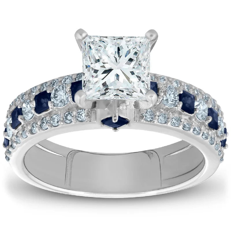 women custom engagement ring designs -2 1/2ct Princess Cut & Blue Sapphire Diamond Engagement Ring 14k White Gold