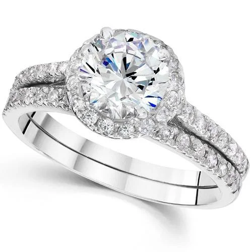 women luxurious platinum engagement rings -1 1/6ct Round Diamond Halo Engagement Ring Set 14K White Gold