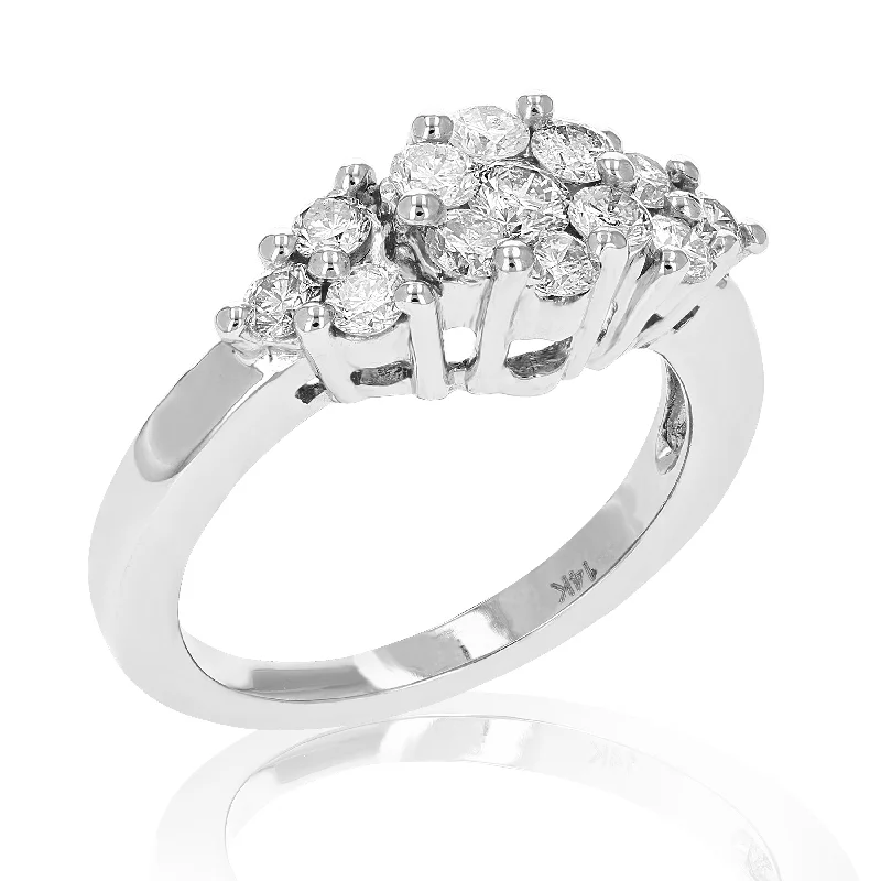 women simple engagement rings -1 cttw 3 Stone Diamond Cluster Composite Engagement Ring 14K White Gold