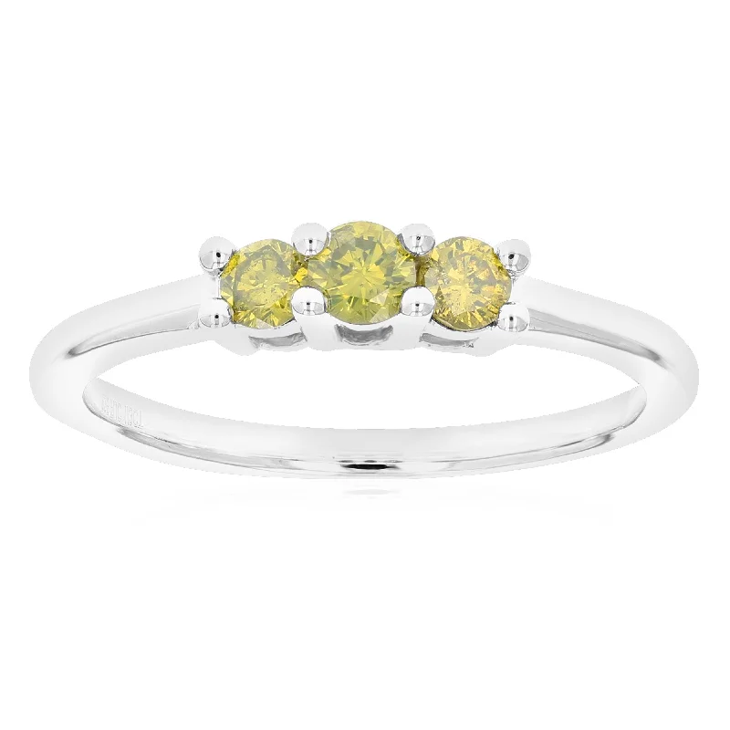 women emerald engagement rings -3/8 cttw 3 Stone Round Cut Yellow Diamond Engagement Ring .925 Sterling Silver Prong Set