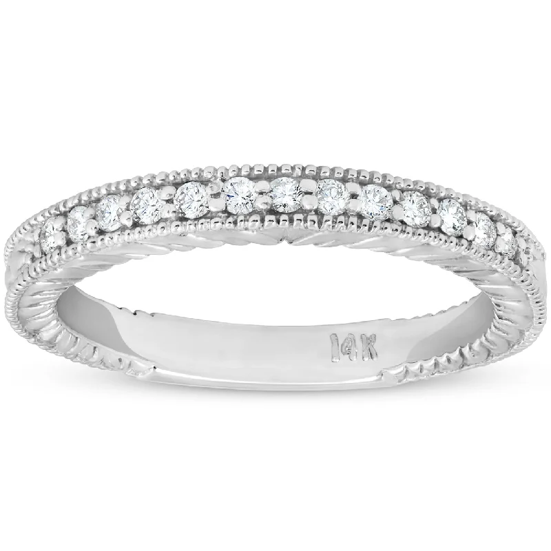 women alternative engagement rings -1/5ct Diamond Vintage Womens Wedding Ring Stackable 14k White Gold Band