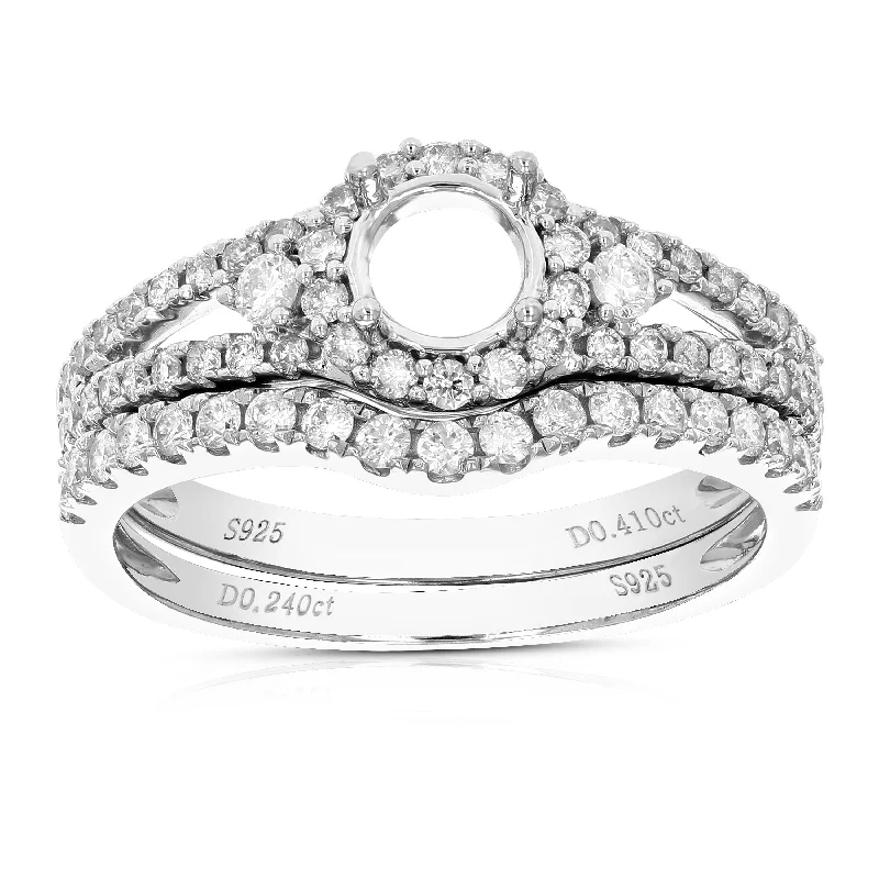 women modern solitaire engagement rings -2/3 cttw Diamond Semi Mount Bridal Set Prong Set .925 Sterling Silver