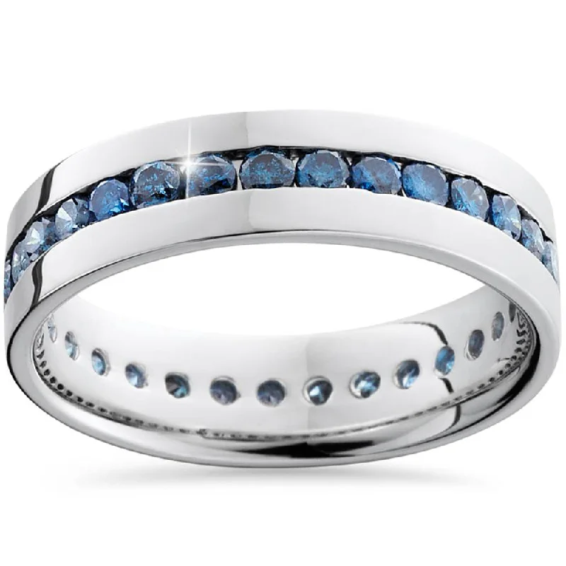 women double halo engagement rings -1 1/5ct Blue Diamond Channel Set Eternity Ring 14K White Gold