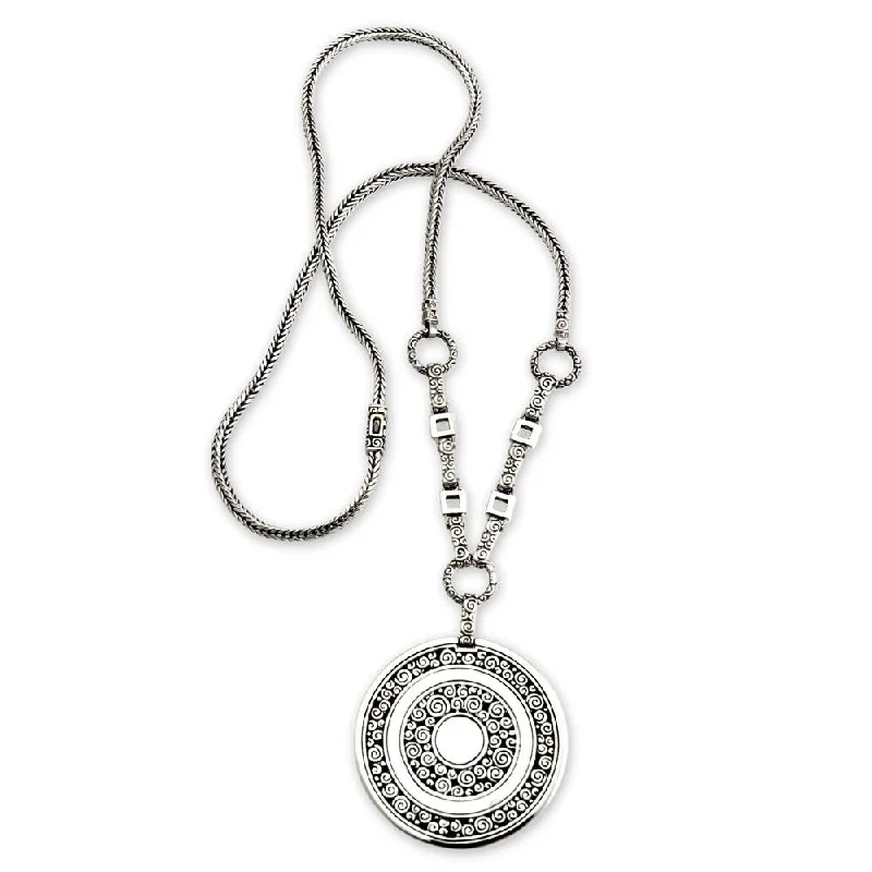 women nature-inspired necklaces -Artisan Treasure Balinese Antique Style 925 Sterling Silver Engraved Medallion on Chain Womens Long Pendant Necklace (Indonesia)