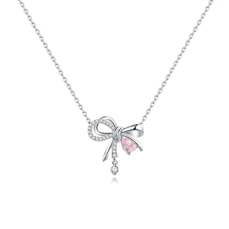 women vintage pendant necklaces -FANCIME "Satin Bow" Bow Pink CZ Sterling Silver Necklace