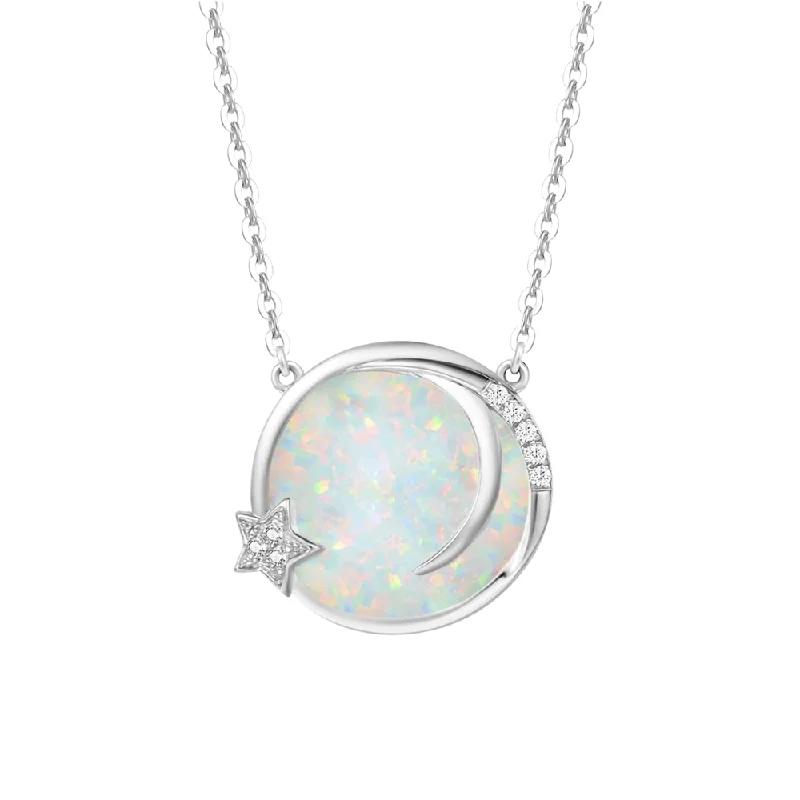 women heart-shaped necklaces -"Dreamy Wish" Opal Moon Star Disc 14K Gold Necklace