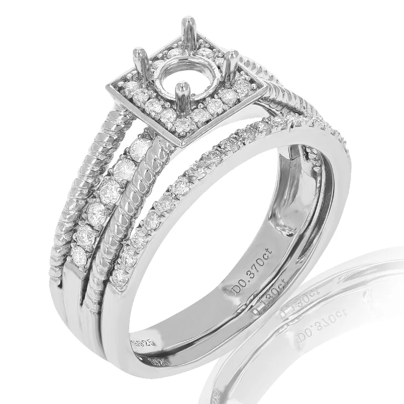 women heart-cut engagement rings -1/2 cttw Diamond Semi Mount Bridal Set with Cable Design .925 Sterling Silver