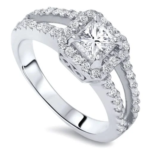 women custom engagement ring designs -1ct Halo Split Shank Diamond Ring 14K White Gold