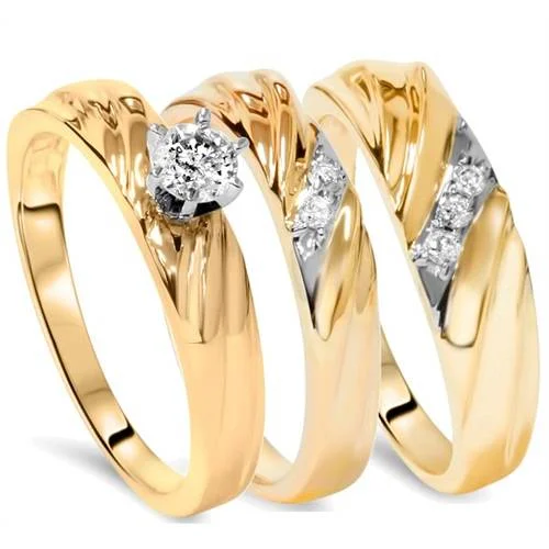 women pave engagement rings -1/3ct Diamond Engagement Trio Wedding Band Set 14K Yellow Gold