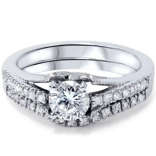 women gold engagement rings -Platinum 1ct Diamond Engagement Matching Wedding Ring Set Vintage