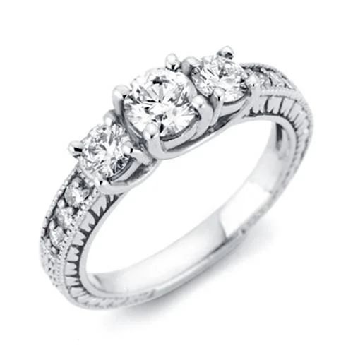 women sparkling engagement rings -1ct Vintage Three Stone Round Diamond Engagement Ring 14K White Gold