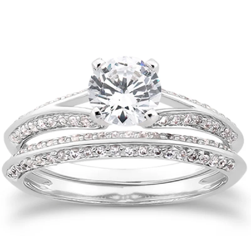 women classic solitaire engagement rings -3/4ct Split Shank Diamond Engagement Wedding Ring Set 14K White Gold