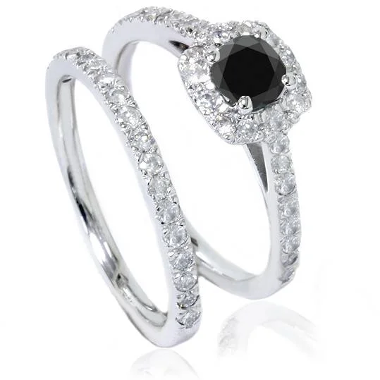 women high-quality engagement rings -7/8ct Cushion Halo Black Diamond Engagement Ring Set 14K White Gold