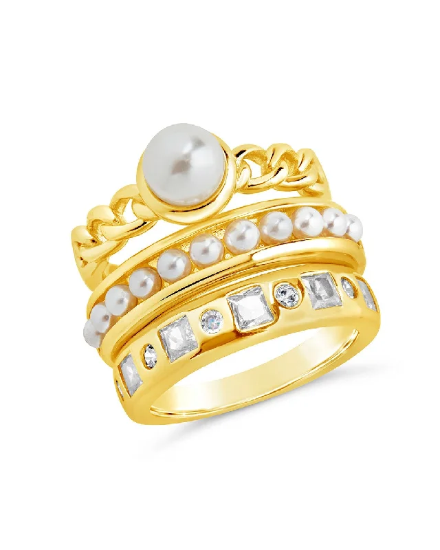 women heart-cut rings -Kimber Pearl & CZ Stacking Ring Set of 3