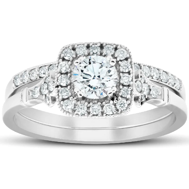 women antique engagement rings -3/4 CT Diamond Cushion Halo Engagement Ring Matching Wedding Band 14k White Gold