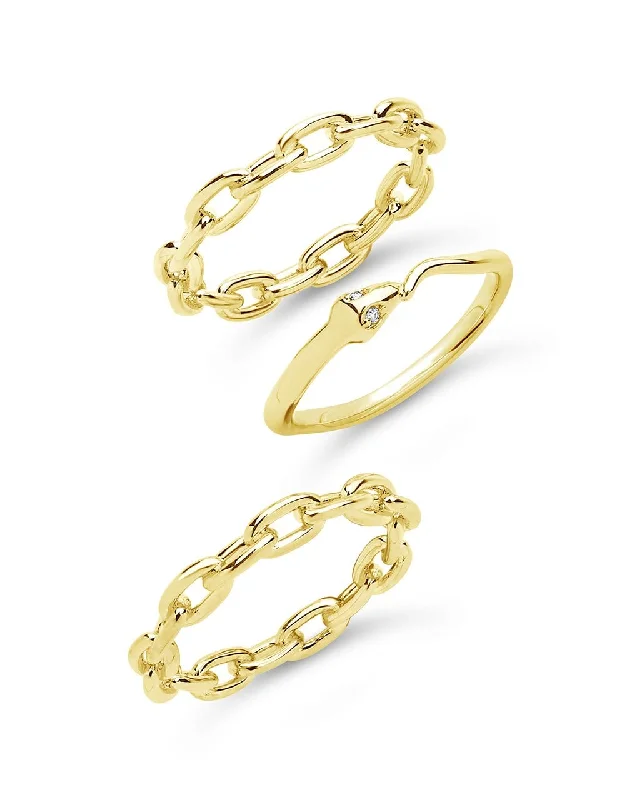 women sterling silver rings -Chain & Snake Stacking Ring Set