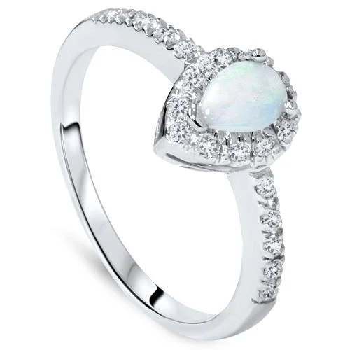 women floral engagement rings -1/2ct Pear Shape Opal & Diamond Halo Ring 14K White Gold