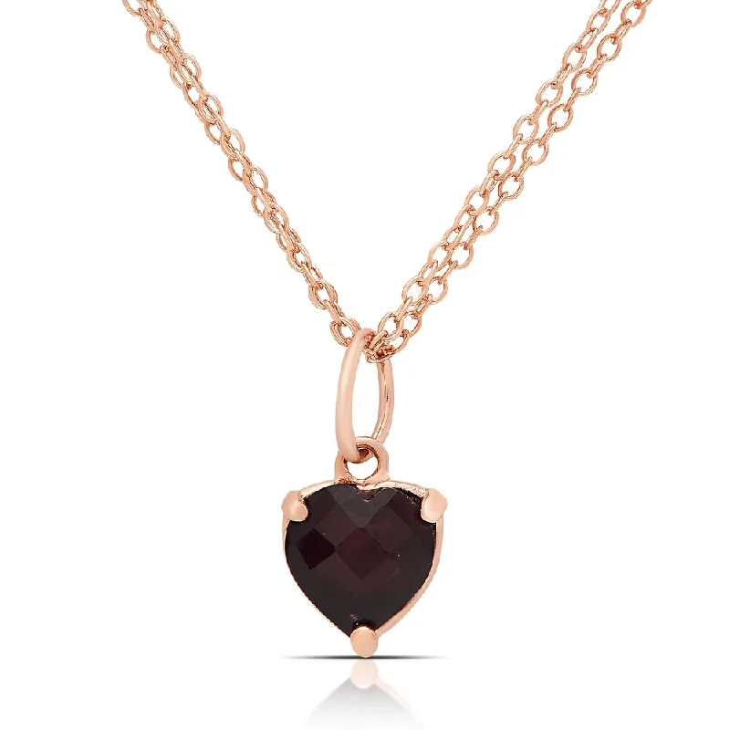 women engraved necklaces -Dolce Giavonna Rose Gold over Sterling Silver Garnet Heart Design Necklace