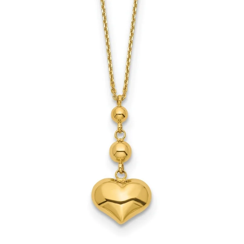 women statement necklaces -Curata 14k Yellow Gold Love Heart With Bead Necklace, 16+2"