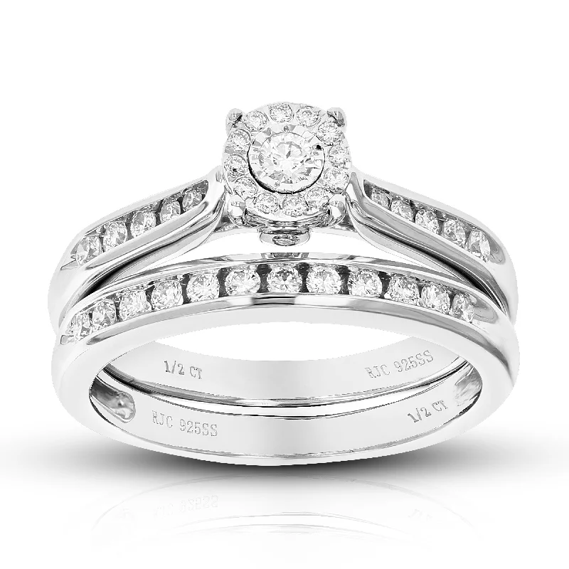 women bridal jewelry engagement rings -1/2 cttw Round Cut Lab Grown Diamond Bridal Set .925 Sterling Silver Prong Set