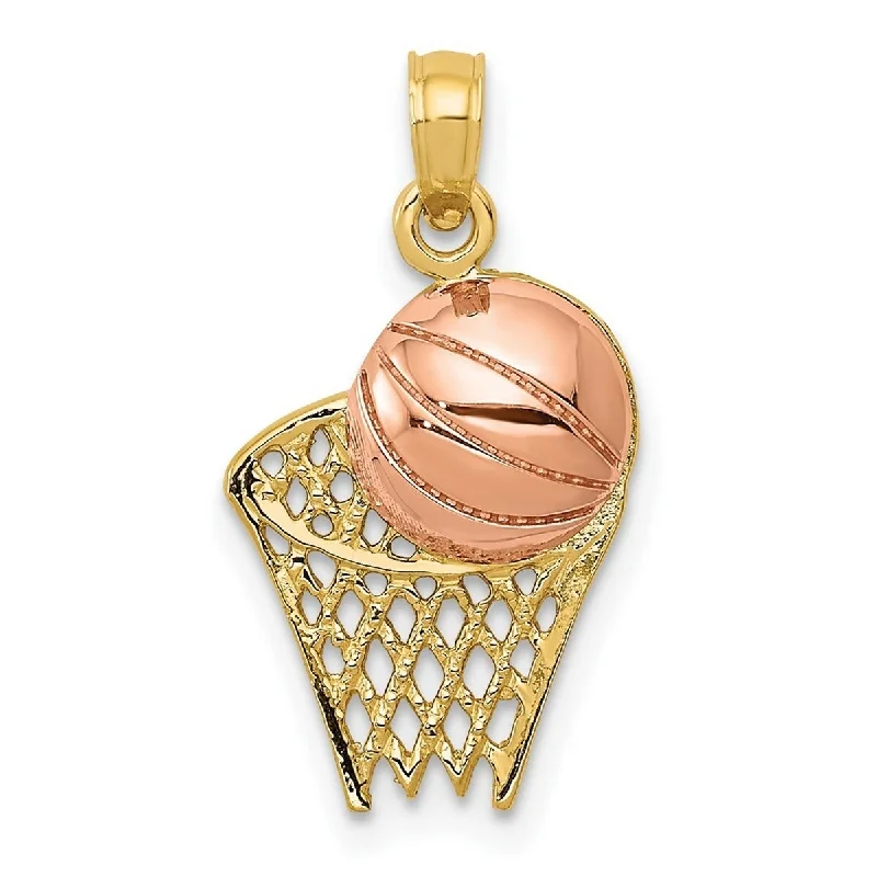 women delicate necklaces -Curata 14k Two-Tone Gold 21.3x11.5mm Basketball Hoop With Ball Pendant Necklace